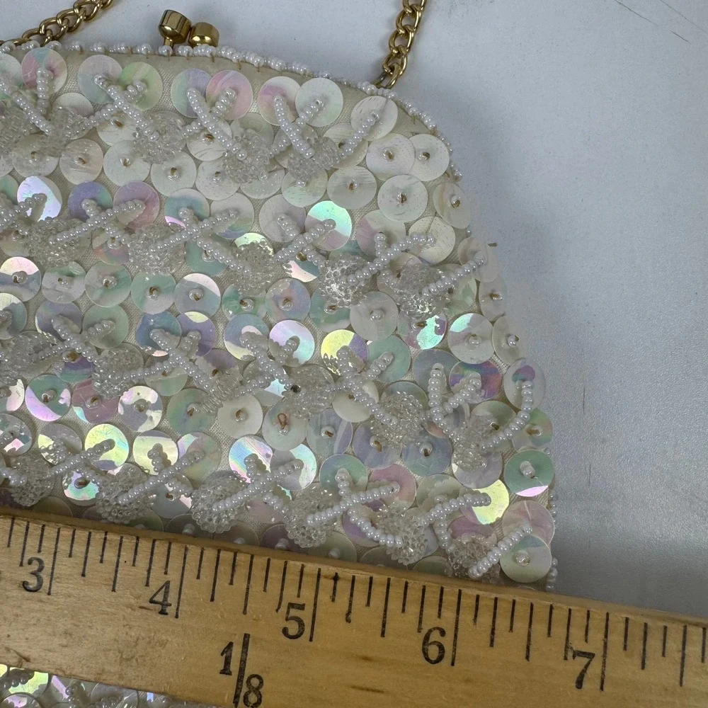 Vtg 1960s Hong Kong Beaded Sequin‎ Evening Bag White Iridescent Bridal Purse